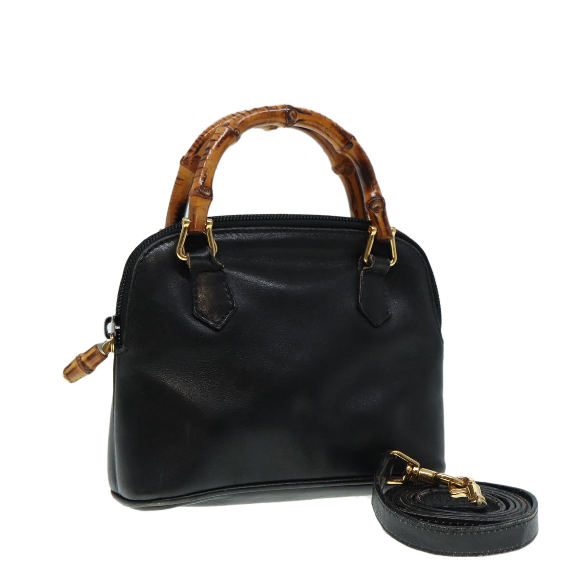 GUCCI Bamboo Hand Bag Leather 2way Black Gold 007 2032 0231 88410