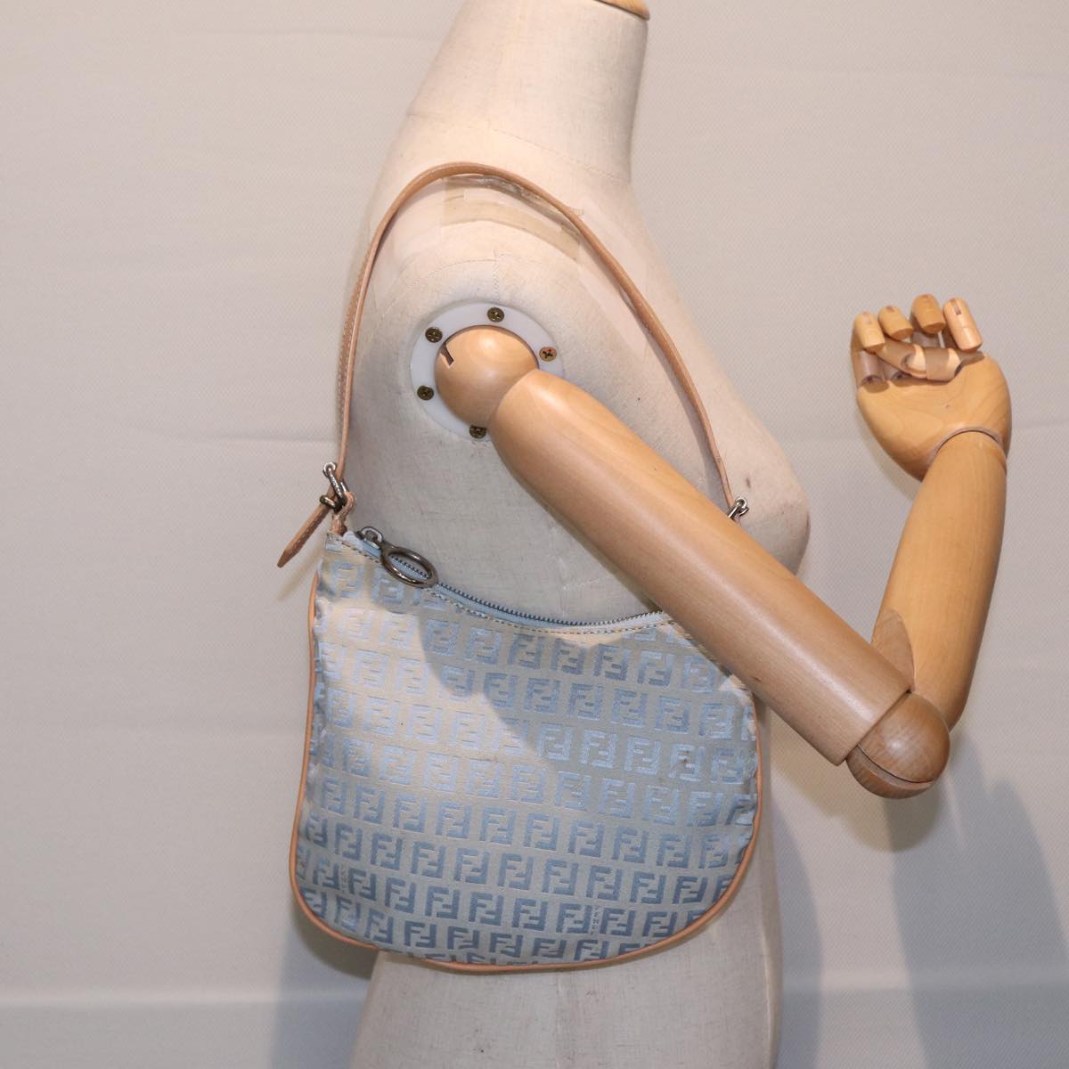 FENDI Zucchino Canvas Shoulder Bag Light Blue Silver 88411