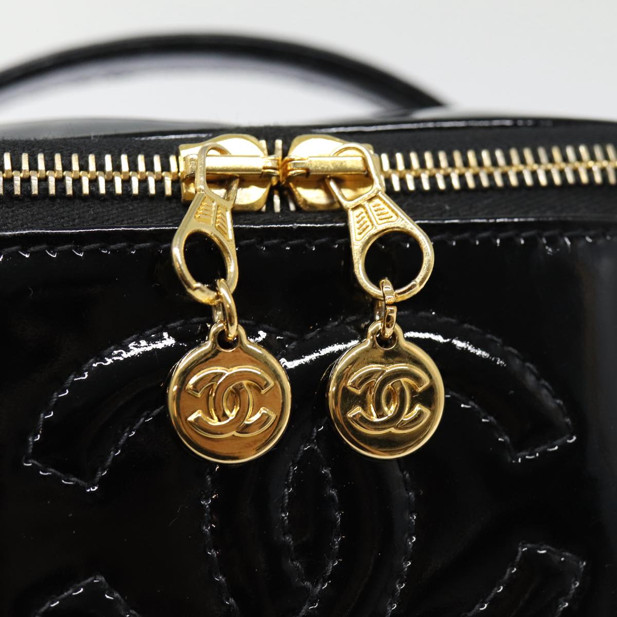 CHANEL COCO Mark Vanity Pouch Enamel Black Gold CC 88553