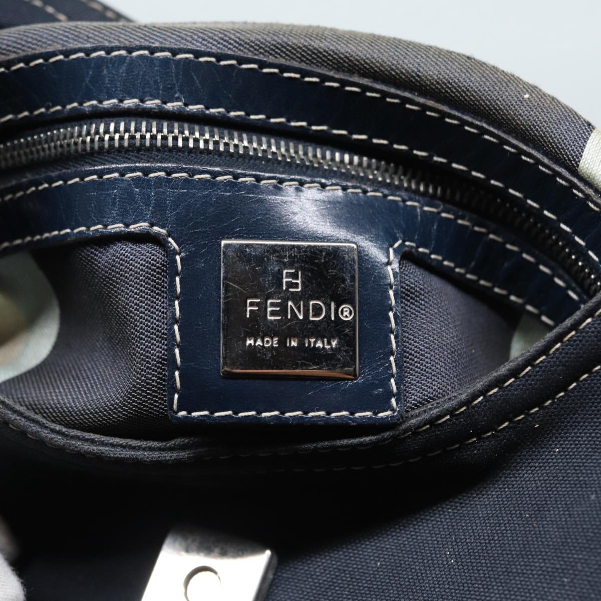 FENDI Mamma Baguette Shoulder Bag Canvas Navy Silver 88583