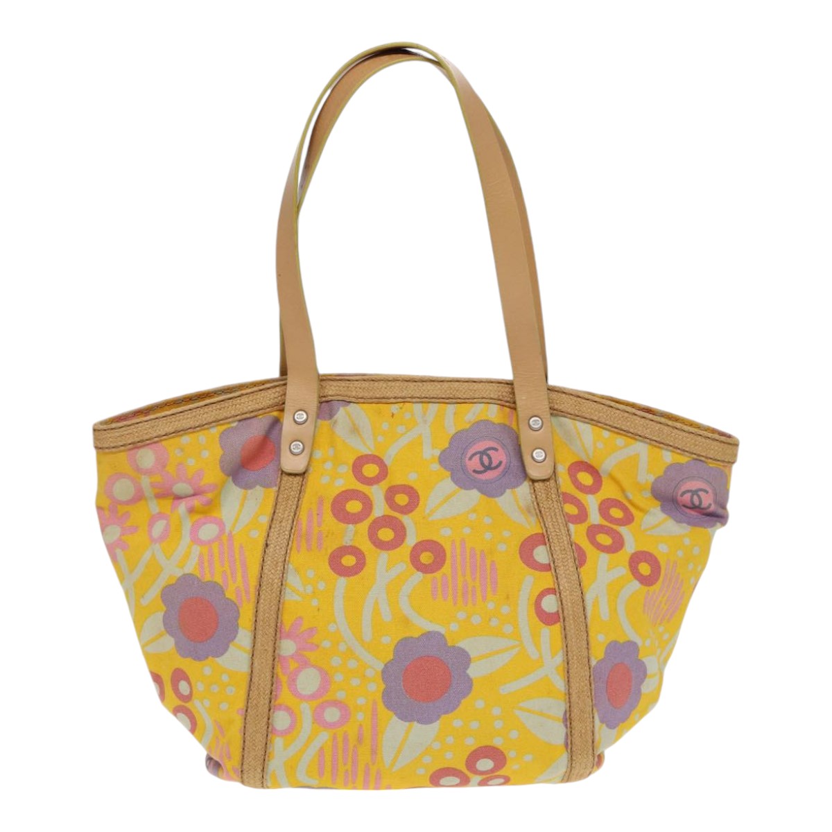 CHANEL Tote Bag Canvas Yellow Silver CC 88643