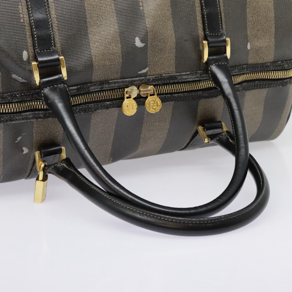 FENDI Pecan Canvas Boston Bag Brown Black gold 89050