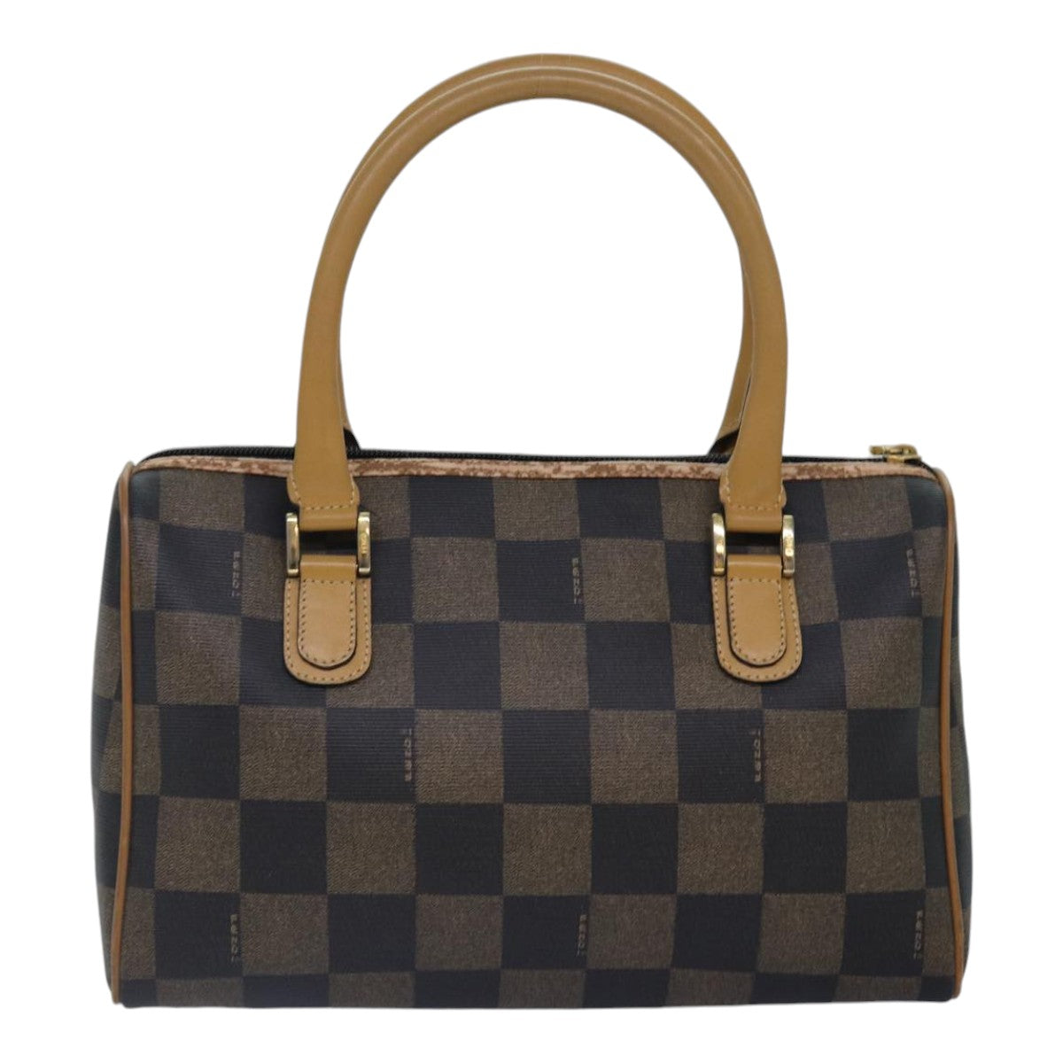 FENDI Pecan Canvas Boston Bag Brown Black gold 89110