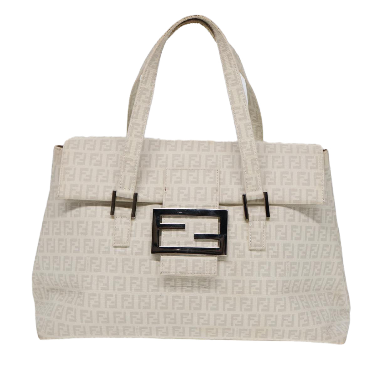 FENDI Zucchino Canvas Mamma Bucket Hand Bag White Silver 89238
