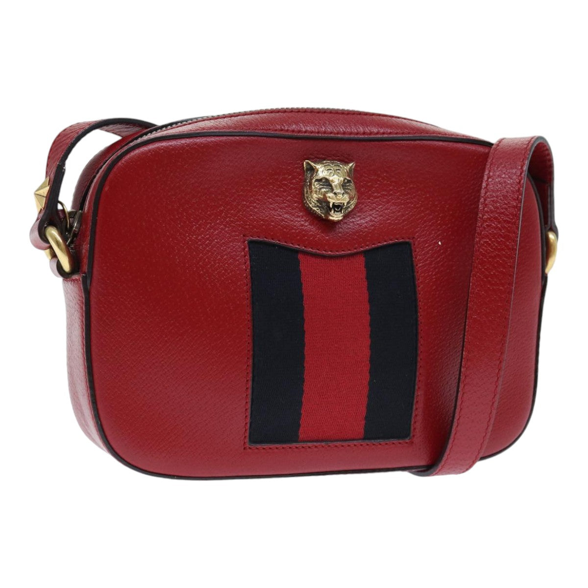 GUCCI Sherry Line Shoulder Bag Leather Red Gold Navy 431284 89474