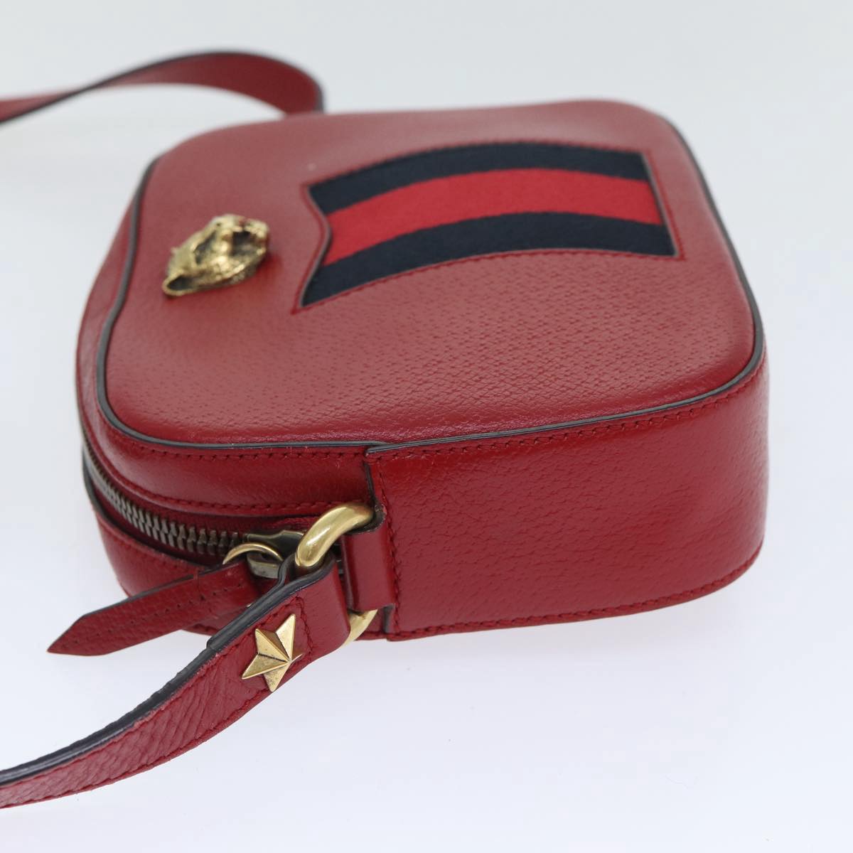 GUCCI Sherry Line Shoulder Bag Leather Red Gold Navy 431284 89474