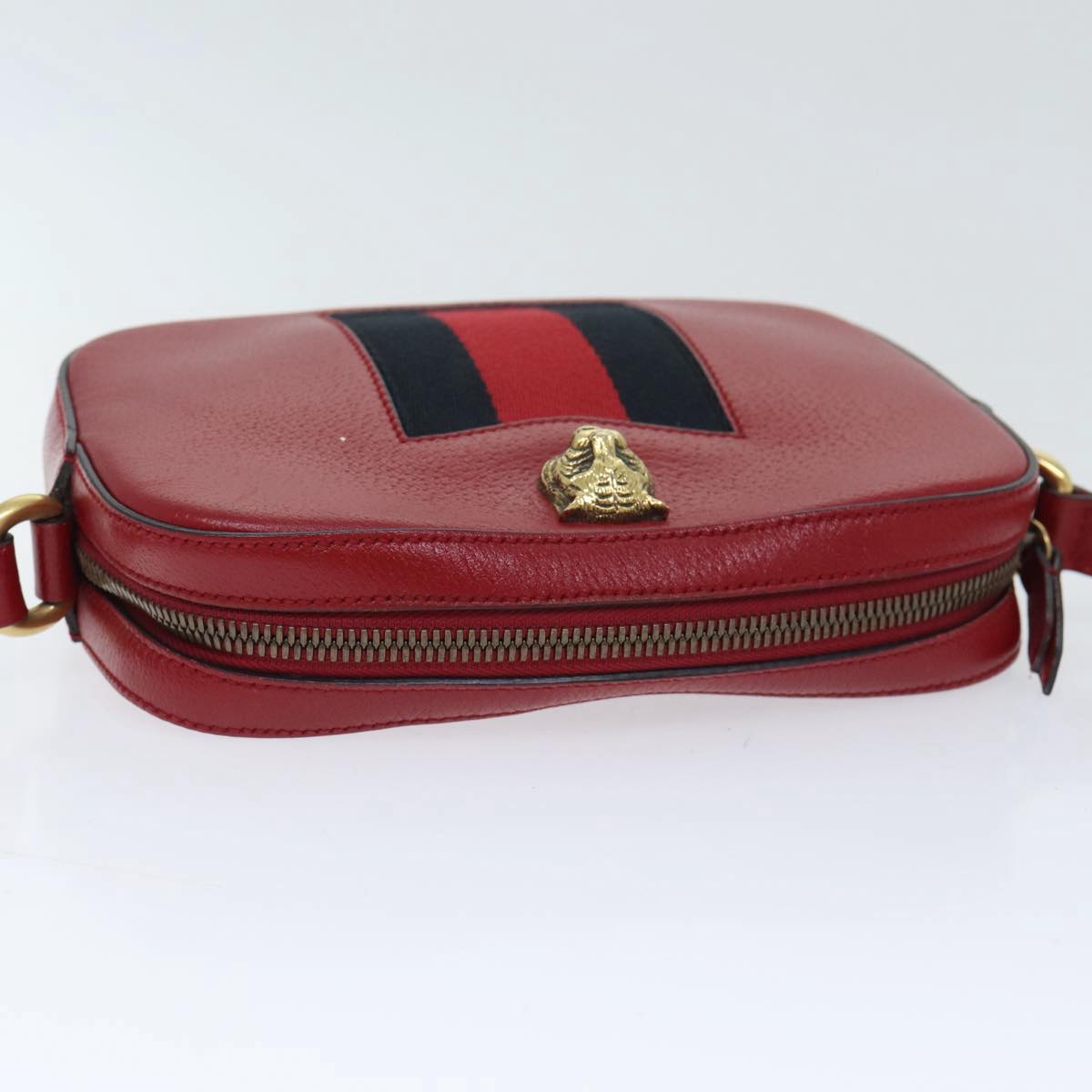 GUCCI Sherry Line Shoulder Bag Leather Red Gold Navy 431284 89474