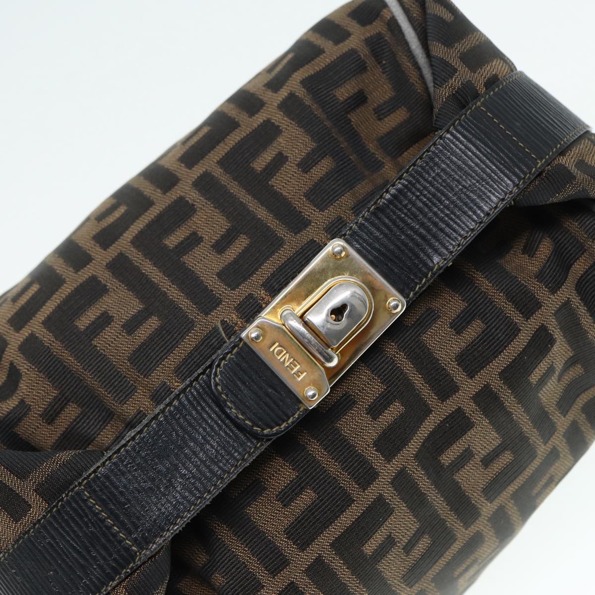 FENDI Zucca Canvas Vanity Hand Bag Brown Black gold 89547