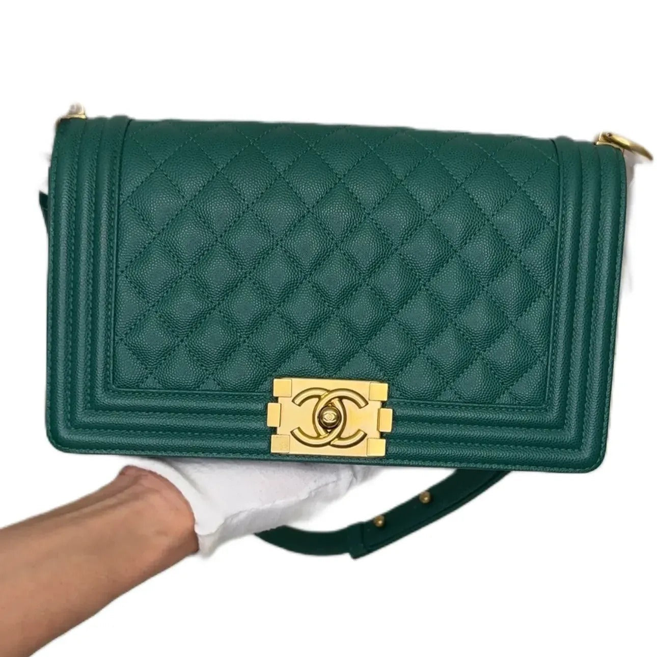 CHANEL Caviar Quilted Medium Boy Flap Dark Green B22-54