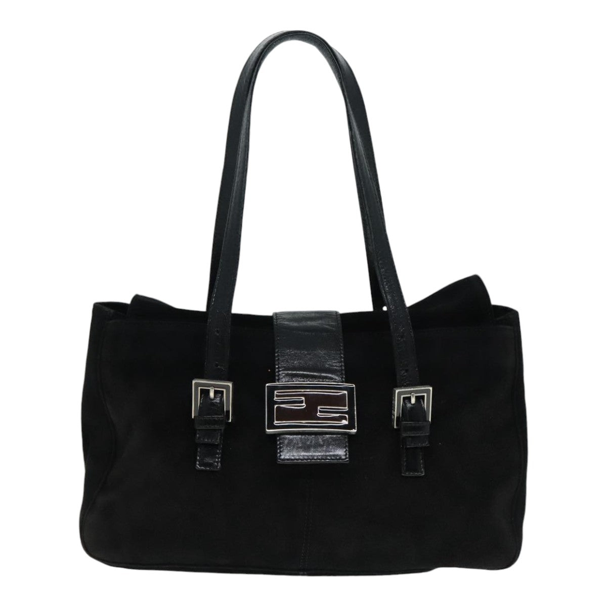 FENDI Hand Bag Suede Leather Black Silver 90200