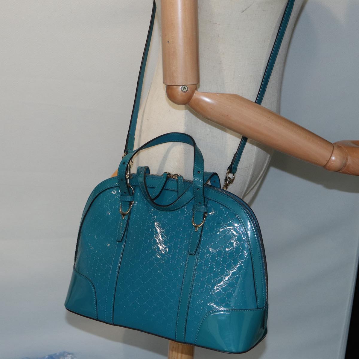 GUCCI Micro GG Canvas Hand Bag 2way Turquoise Blue Gold 309617 90323