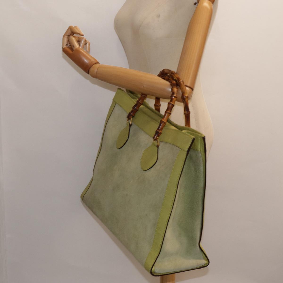 GUCCI Bamboo Hand Bag Suede Leather Green Gold 90325