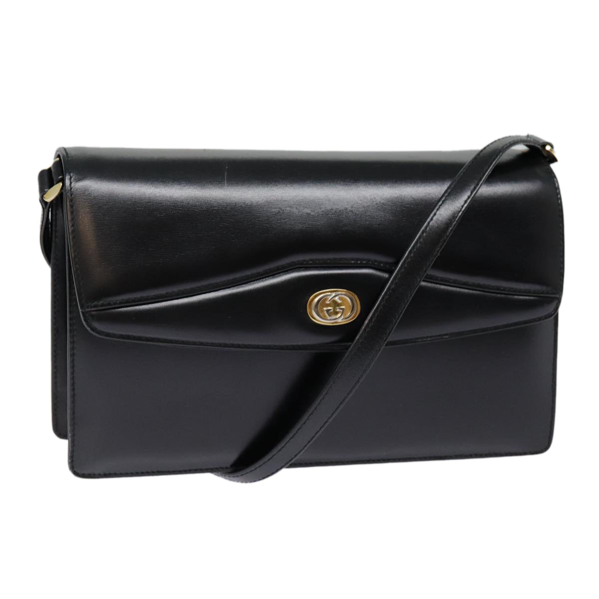 GUCCI Shoulder Bag Leather Black Gold 90362