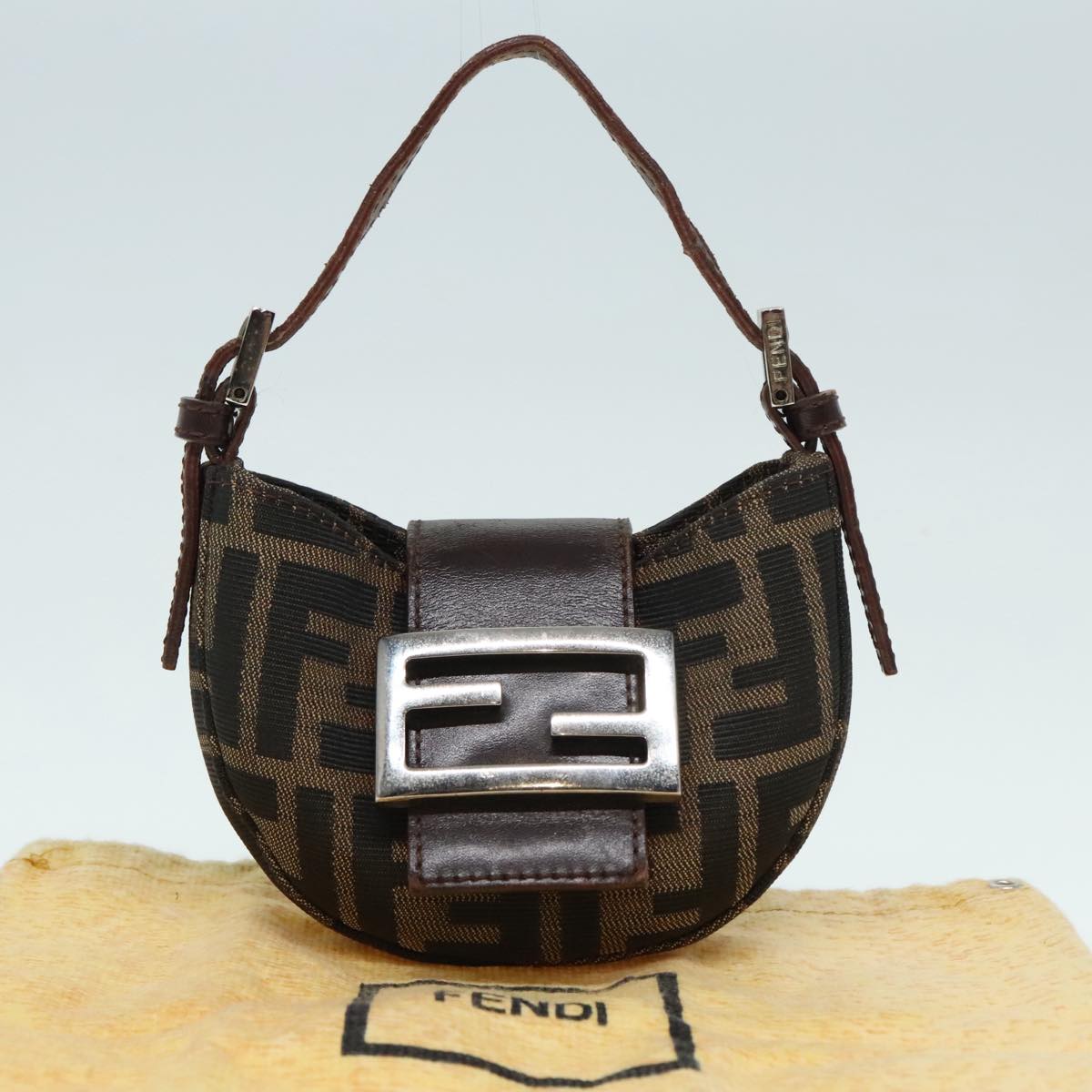 FENDI Zucca Canvas Mini Croissant Hand Bag Brown Black Silver 90427
