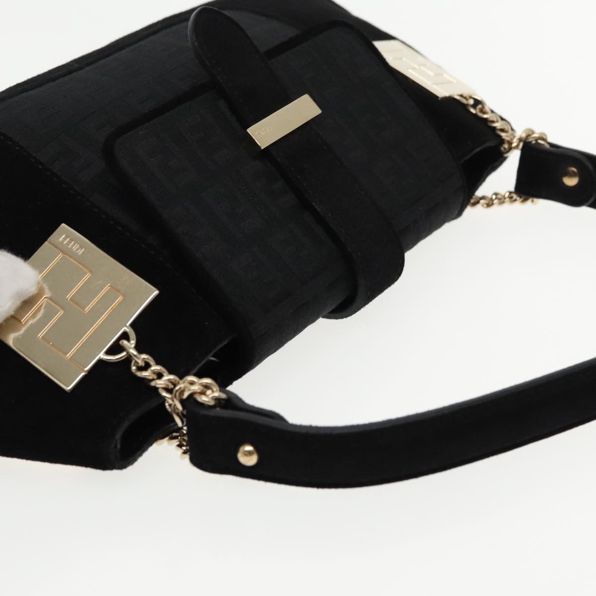 FENDI Zucchino Canvas Shoulder Bag Black Gold 90485