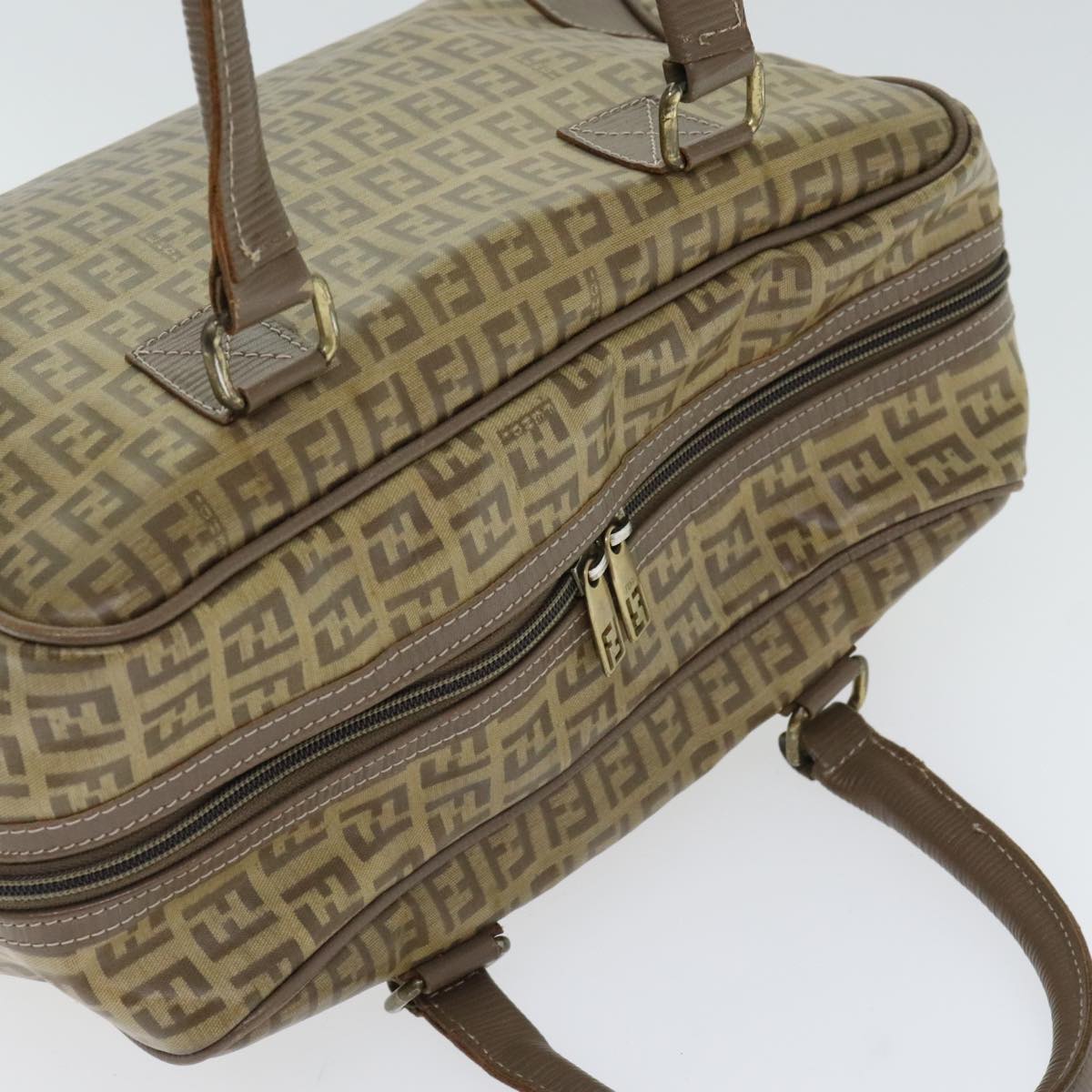 FENDI Zucchino Canvas Hand Bag Vintage Brown Gold 90592