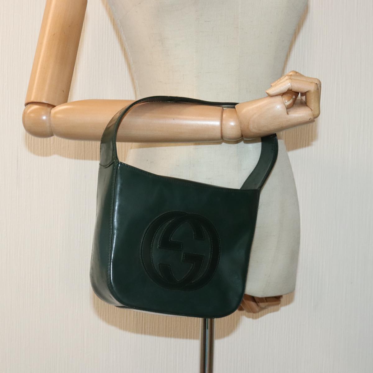 GUCCI Hand Bag Patent Leather Green Silver 90679