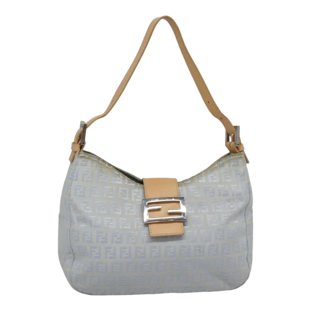 FENDI Zucchino Canvas Mamma Baguette Shoulder Bag Light Blue Silver 90704