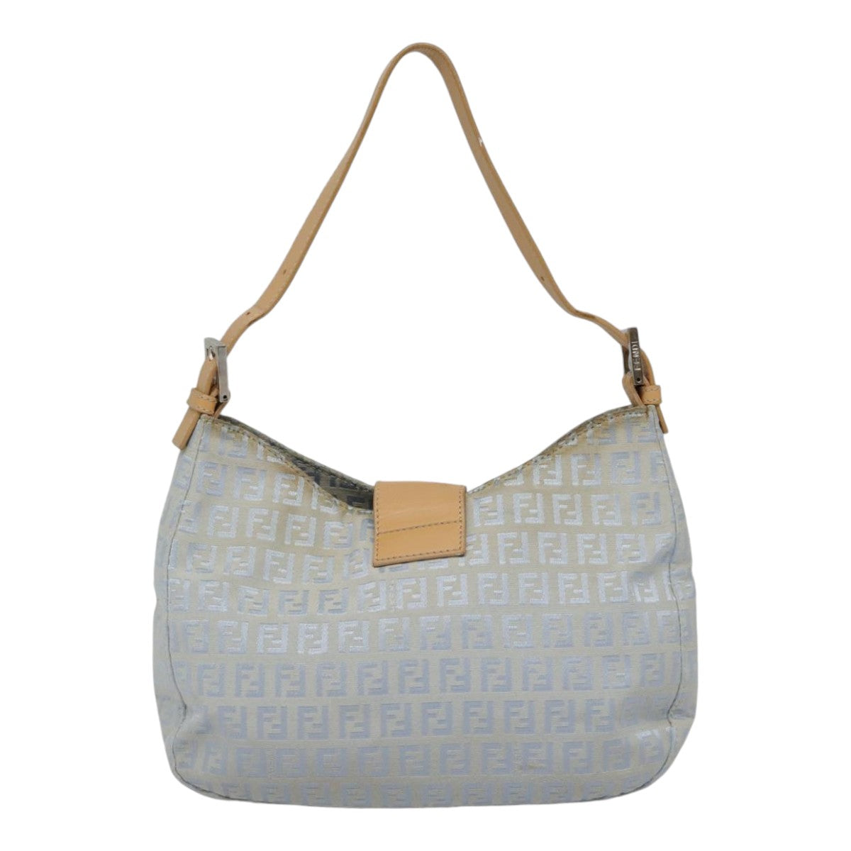 FENDI Zucchino Canvas Mamma Baguette Shoulder Bag Light Blue Silver 90704