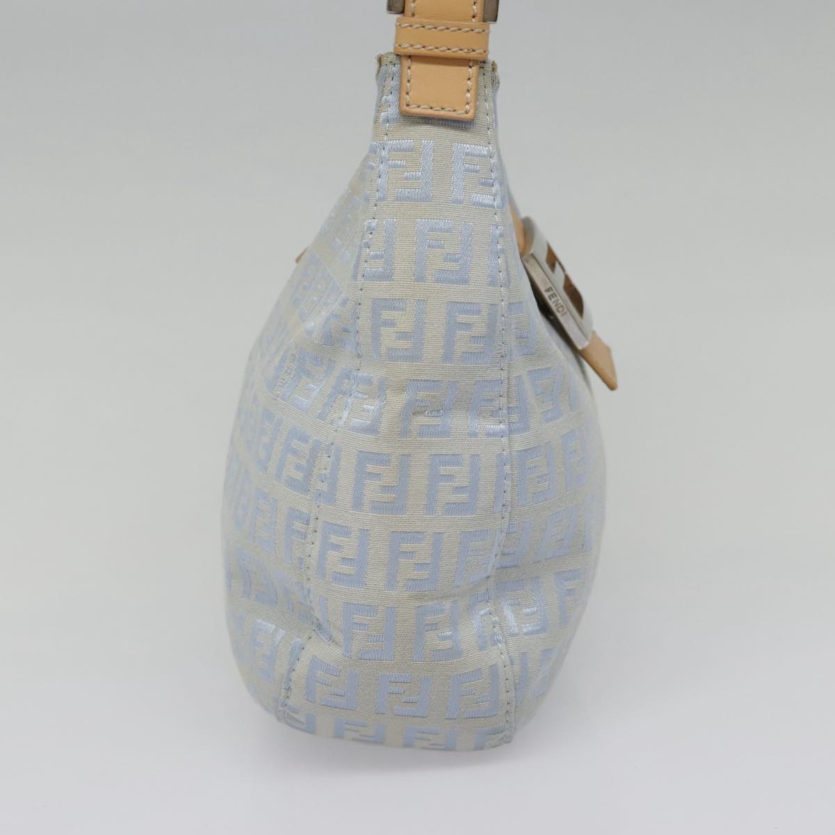 FENDI Zucchino Canvas Mamma Baguette Shoulder Bag Light Blue Silver 90704