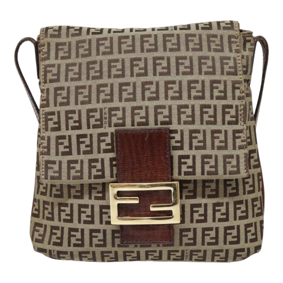 FENDI Zucchino Canvas Shoulder Bag Beige Gold 90776