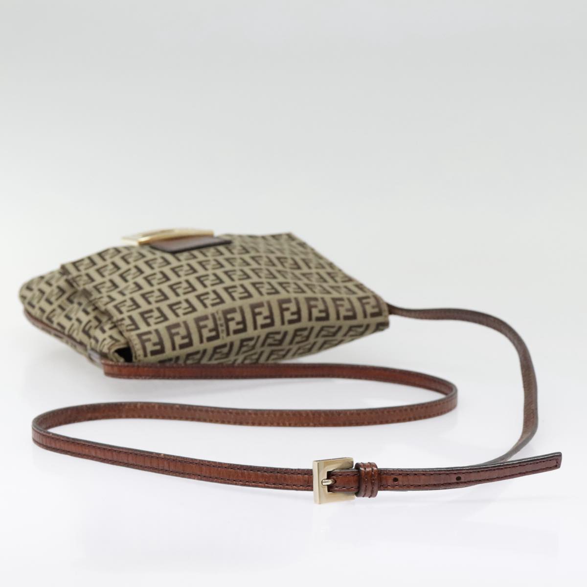 FENDI Zucchino Canvas Shoulder Bag Beige Gold 90776
