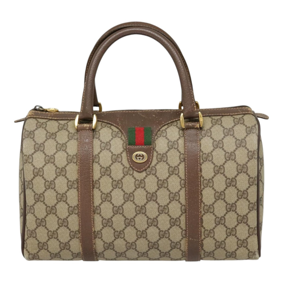 GUCCI GG Canvas Web Sherry Line Boston Bag PVC Beige Green Red 90797