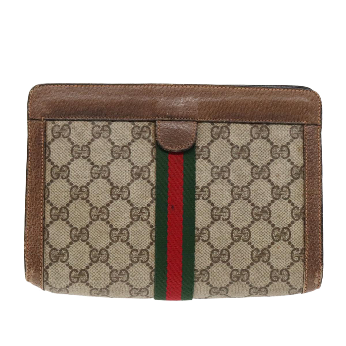 GUCCI GG Canvas Web Sherry Line Clutch Bag PVC Leather Beige Green 90836