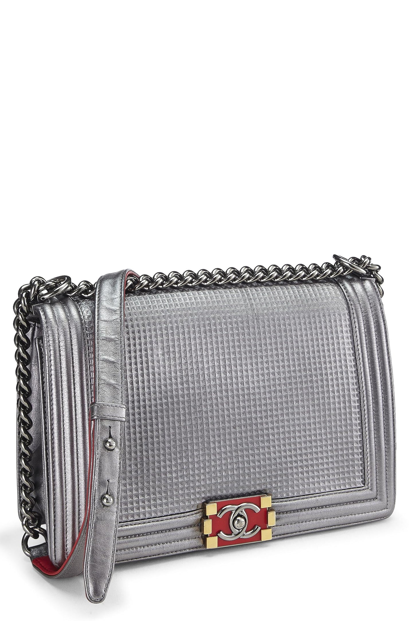 Chanel,  Silver Cube Embossed Calfskin Boy Bag Medium, Silver