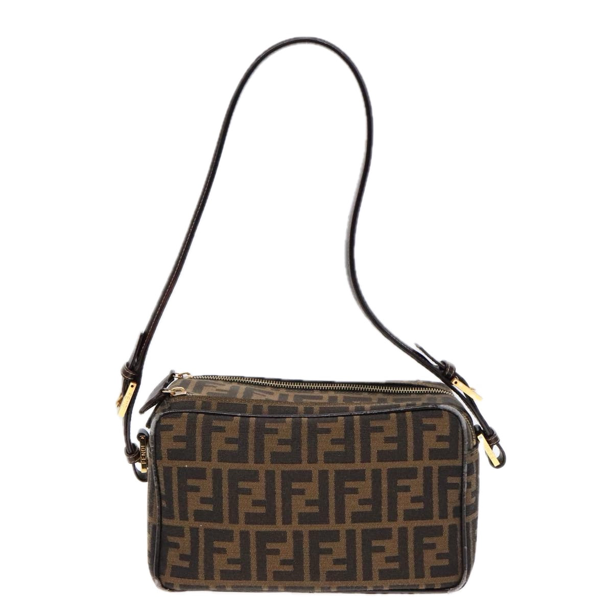 FENDI Zucca Canvas Shoulder Bag Brown Black gold 91227