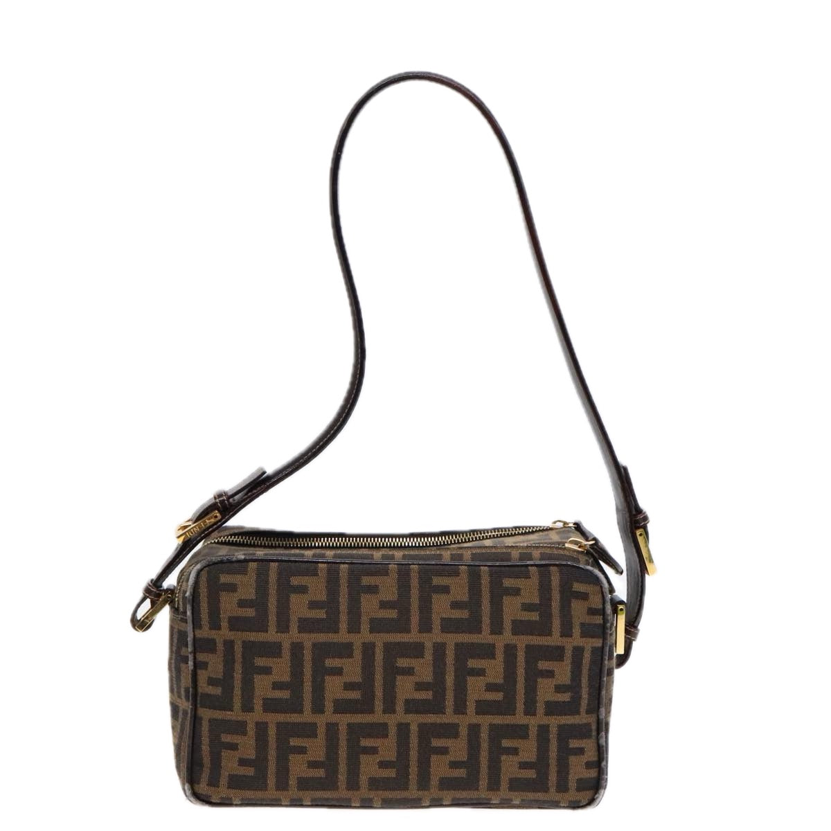 FENDI Zucca Canvas Shoulder Bag Brown Black gold 91227