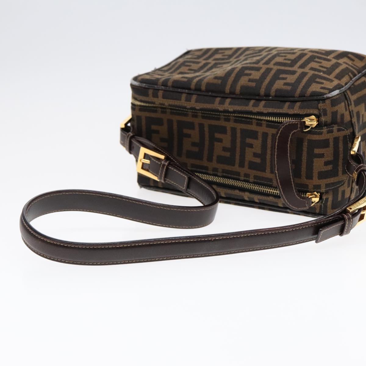FENDI Zucca Canvas Shoulder Bag Brown Black gold 91227