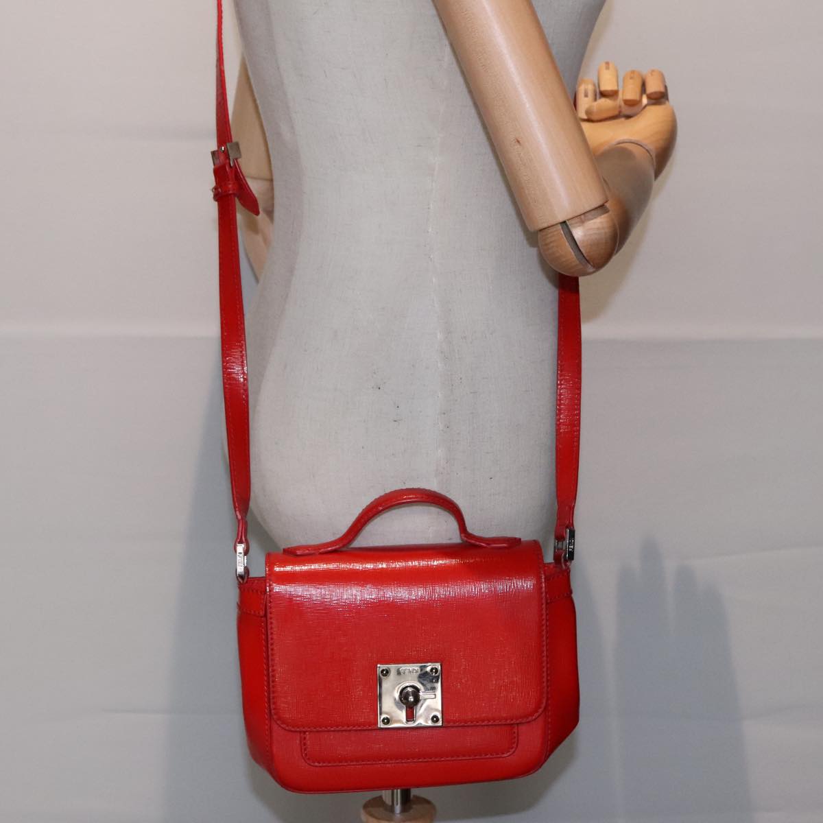 FENDI Shoulder Bag Leather 2way Red Silver 91228