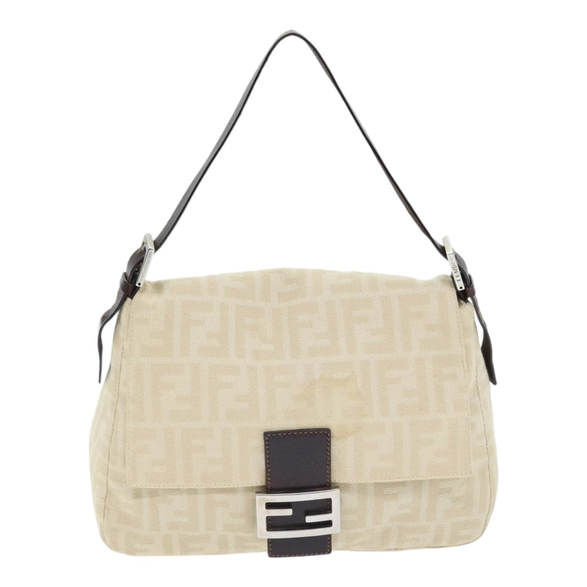 FENDI Zucca Canvas Mamma Baguette Shoulder Bag Beige Silver 91229