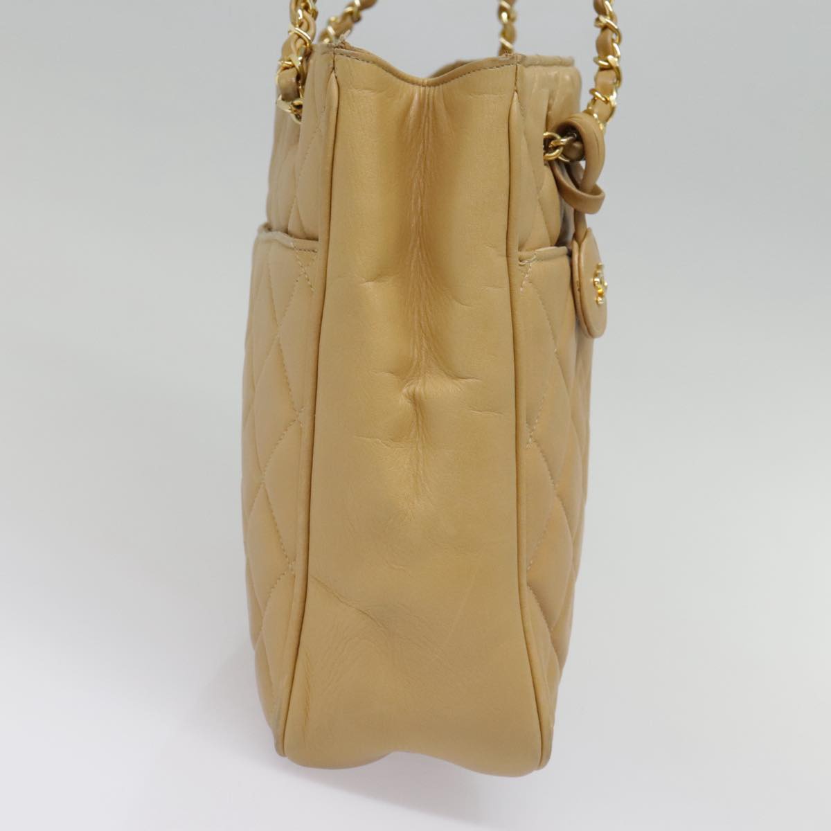 CHANEL Matelasse Chain Shoulder Bag Lamb Skin Beige Gold CC 91313