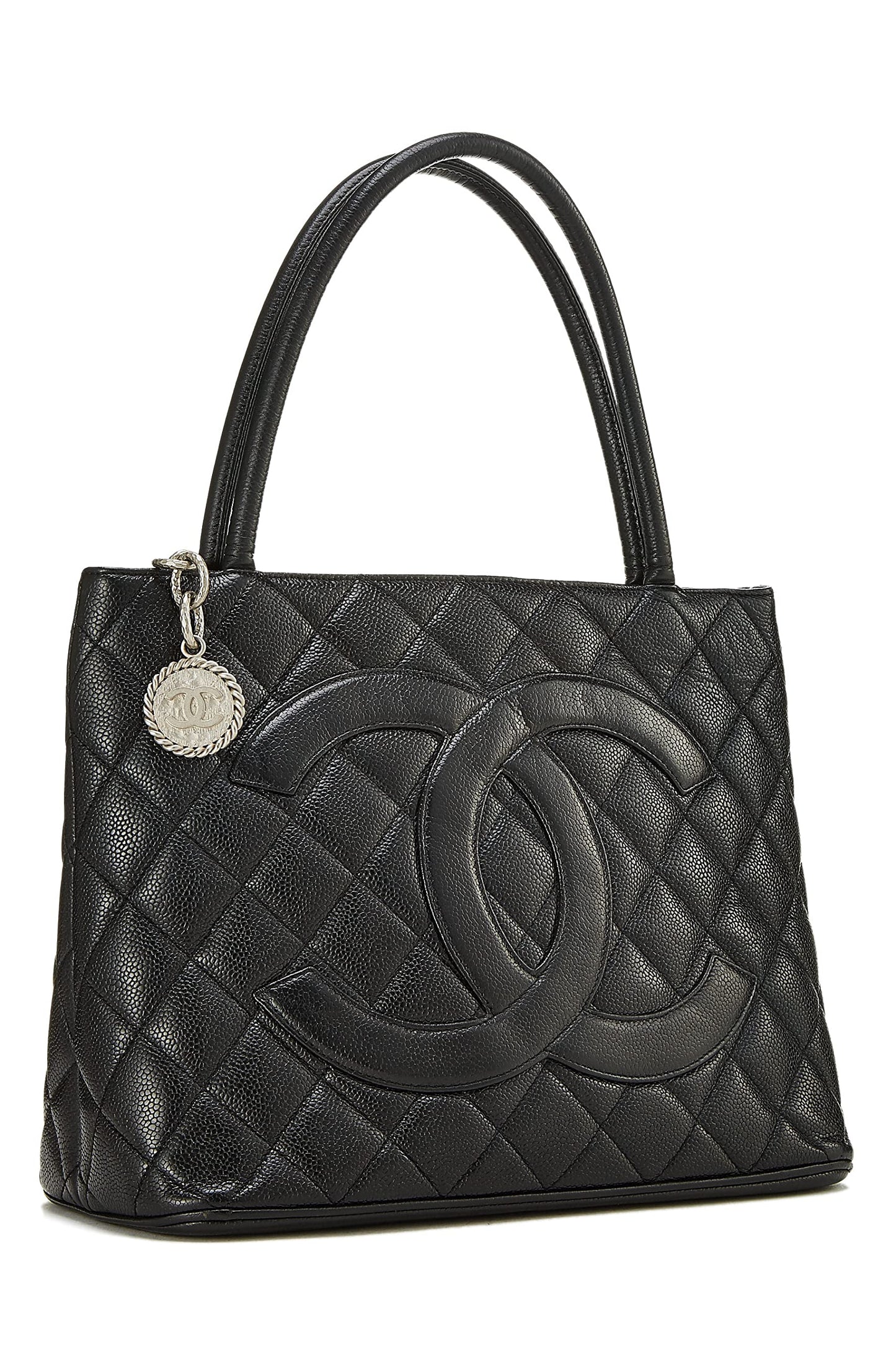 Chanel,  Black Quilted Caviar Medallion Tote, Black