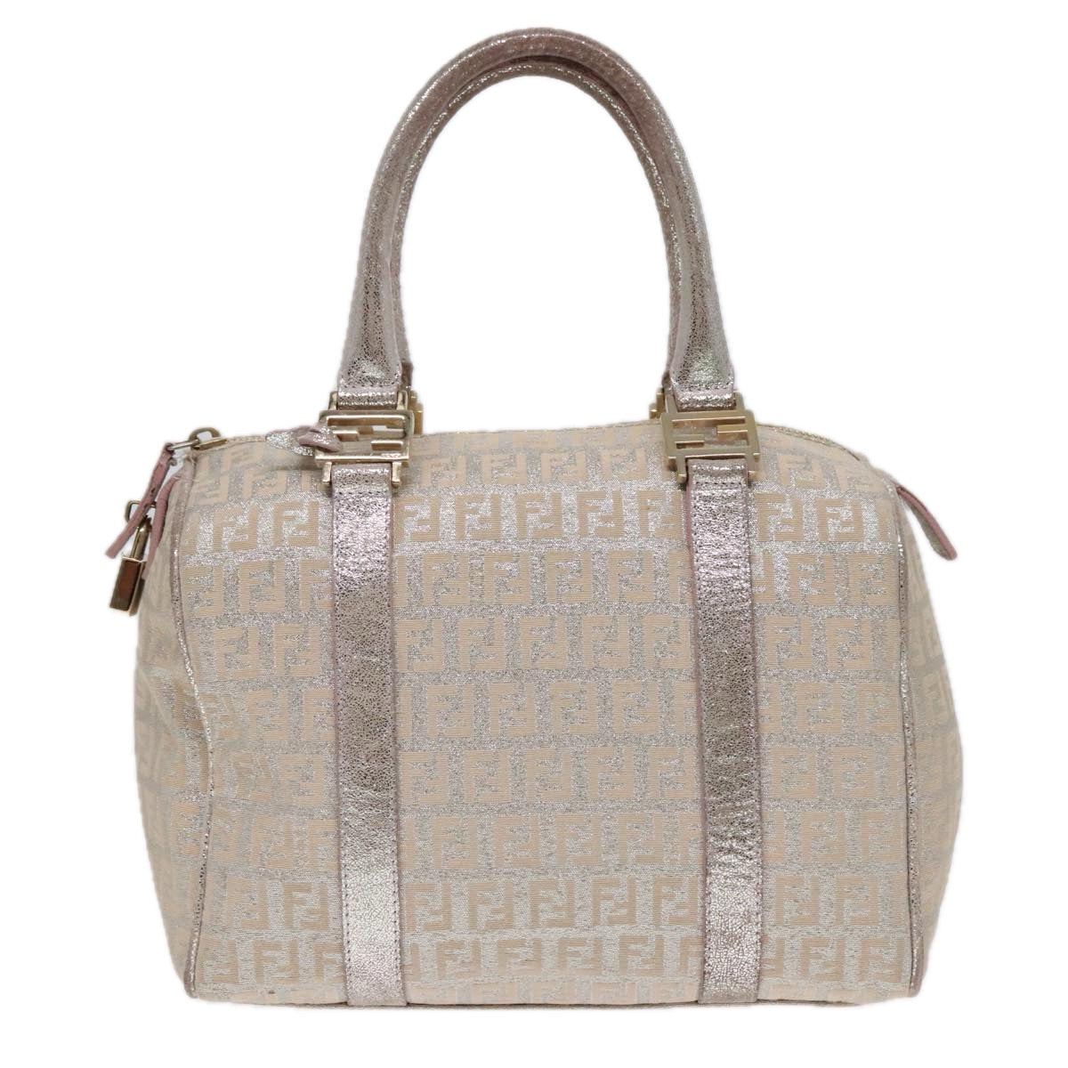 FENDI Zucchino Canvas Boston Bag Silver Beige 91810