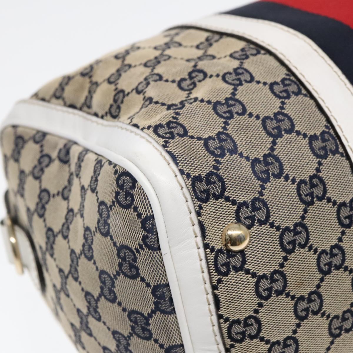 GUCCI GG Canvas Sherry Line Boston Bag 2way Navy White Silver 247205 91845