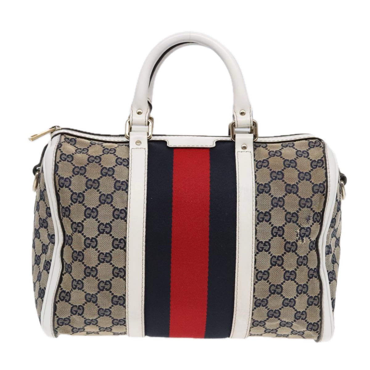 GUCCI GG Canvas Sherry Line Boston Bag 2way Navy White Silver 247205 91845