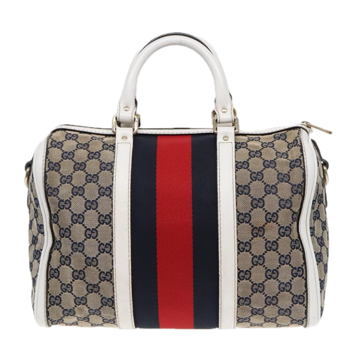 GUCCI GG Canvas Sherry Line Boston Bag 2way Navy White Silver 247205 91845