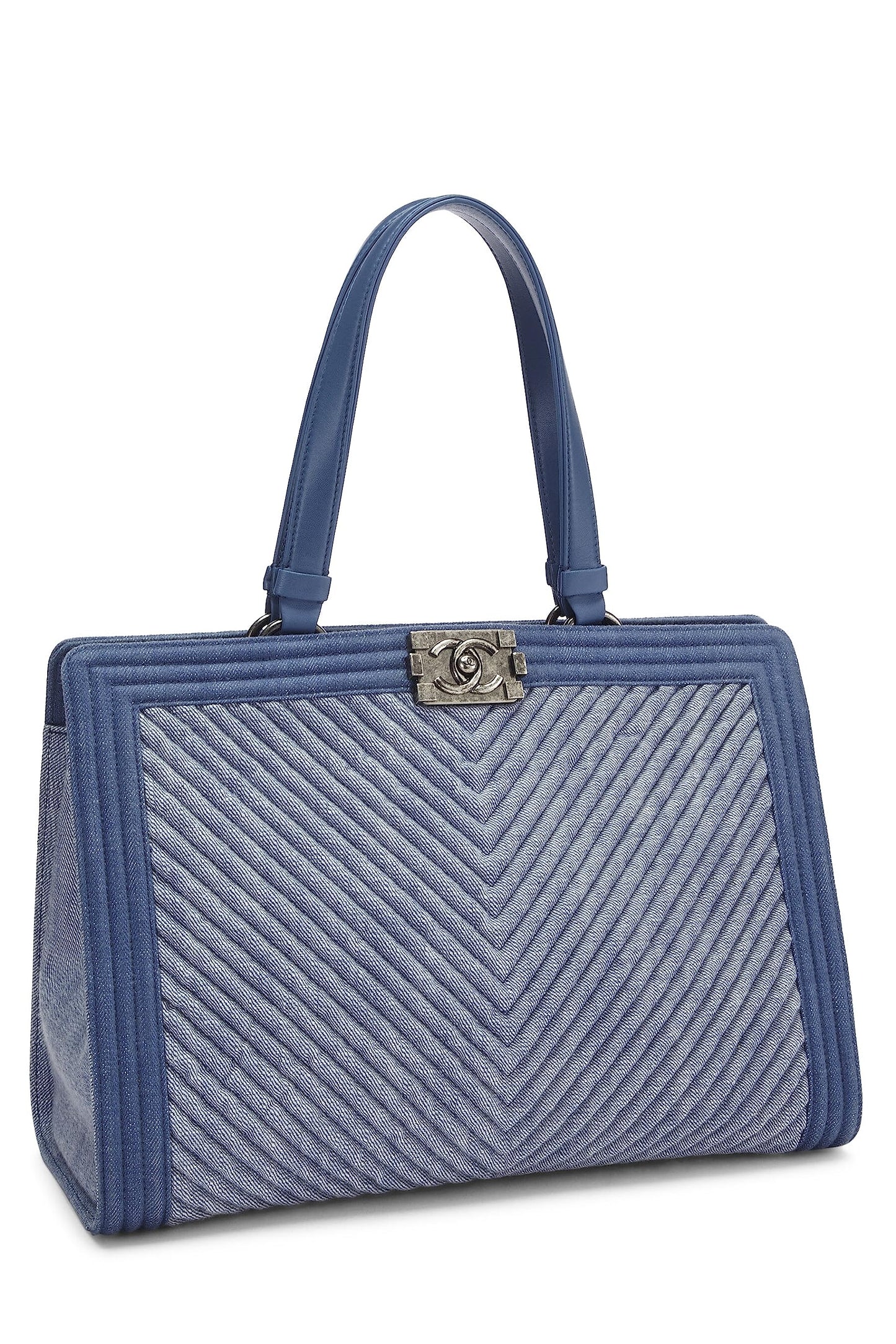 Chanel,  Blue Denim Chevron Boy Shopping Tote Large, Blue