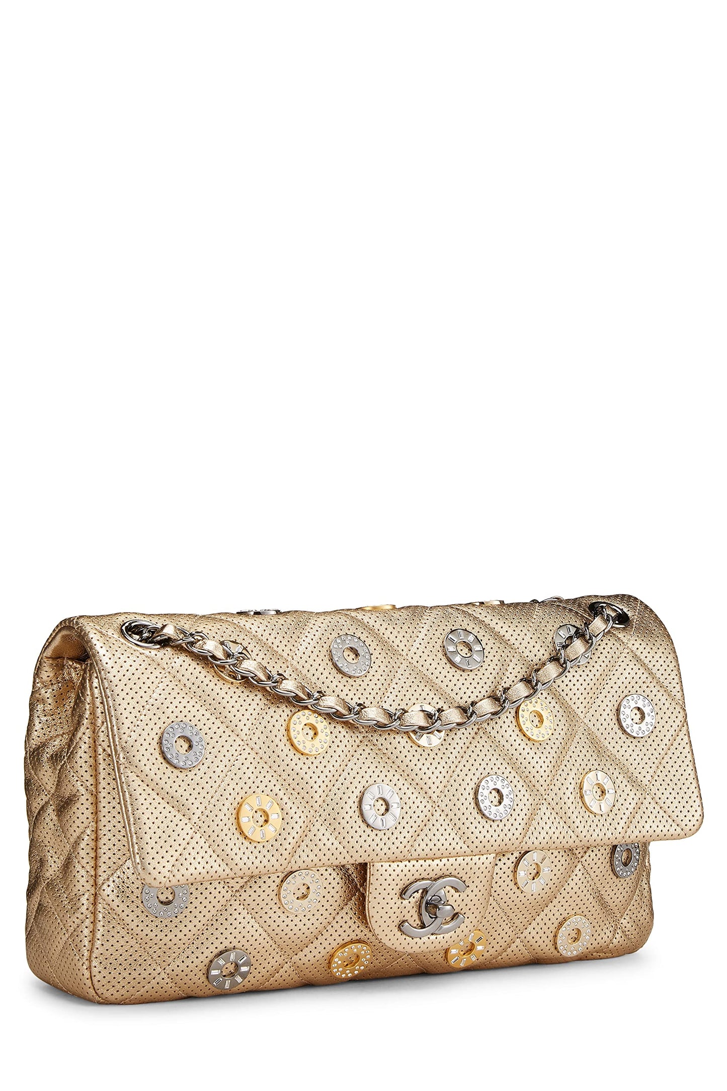 Chanel,  Paris-Dubai Gold Perforated Leather Medals Flap Jumbo, Gold