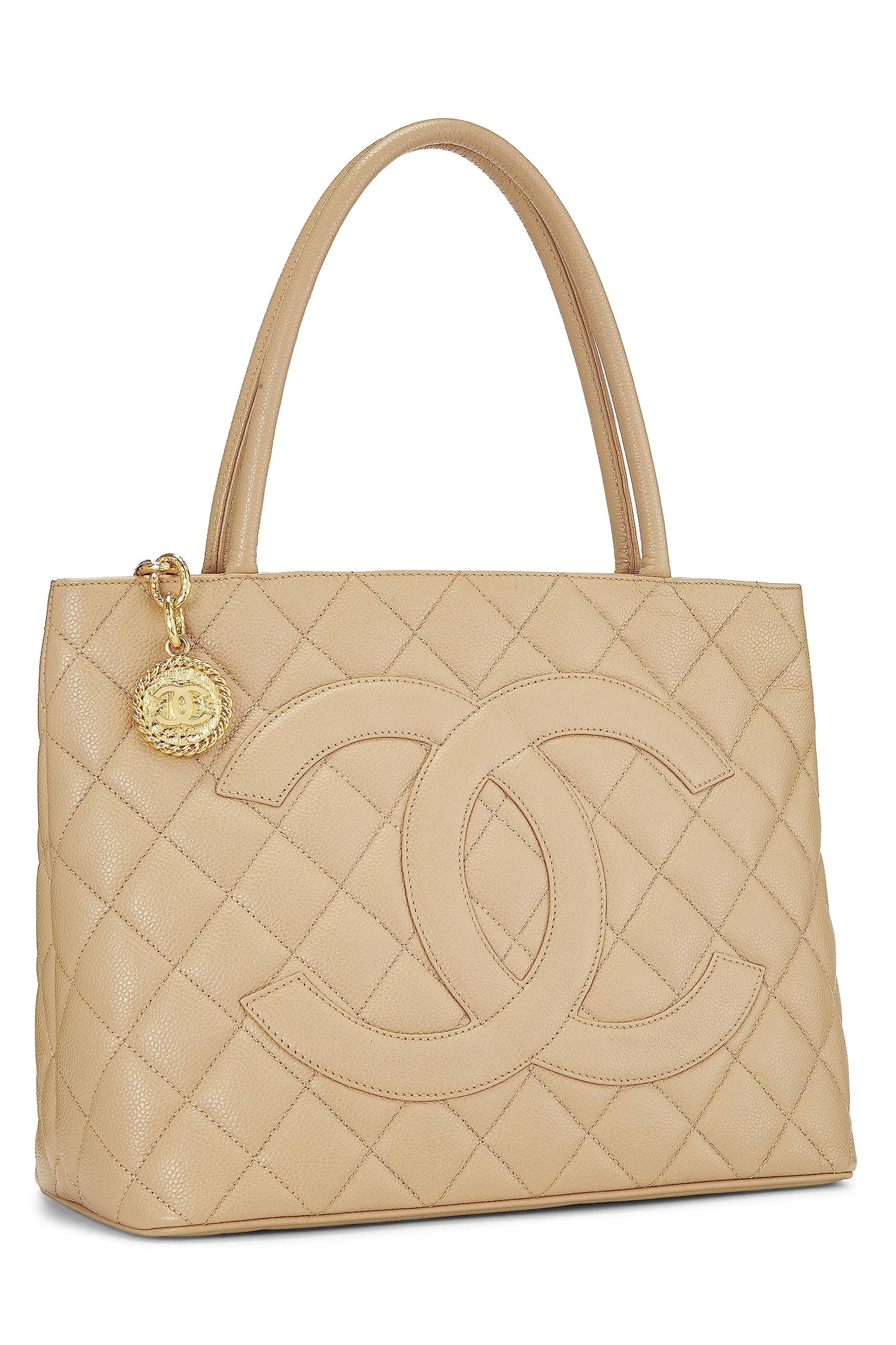 Chanel,  Beige Quilted Caviar Medallion Tote, Beige