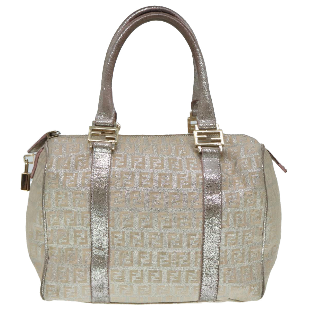 FENDI Zucchino Canvas Hand Bag Silver Beige Gold 92437