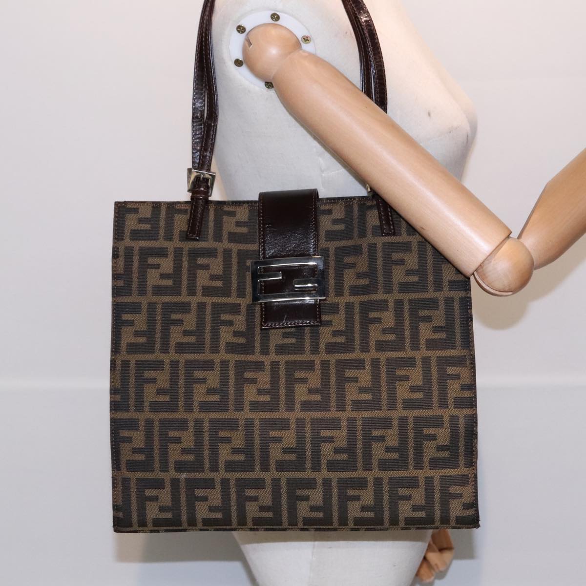 FENDI Zucca Canvas Mamma Tote Bag Brown Black Silver 92515