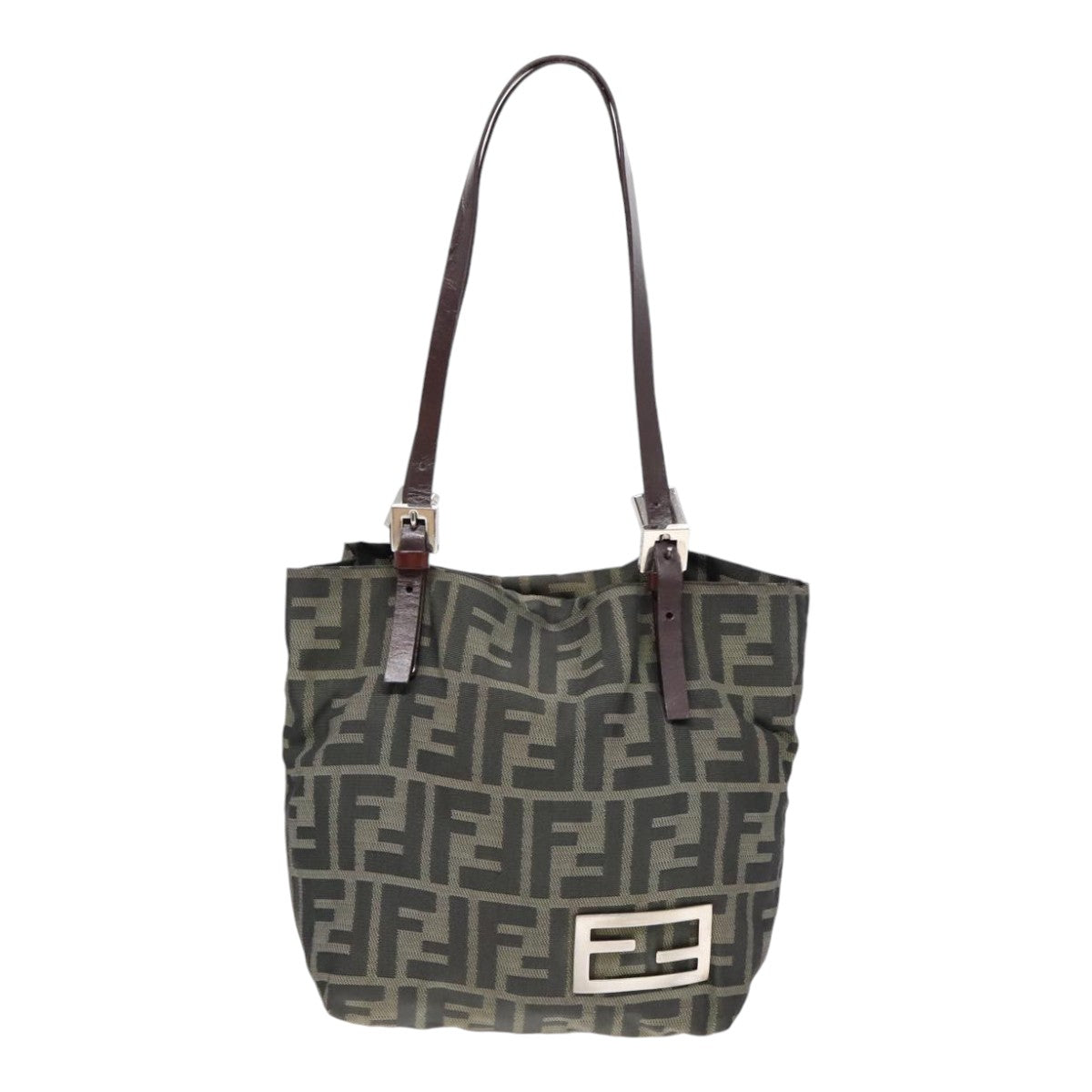 FENDI Hand Bag Zucca Canvas Brown Black Silver 92555