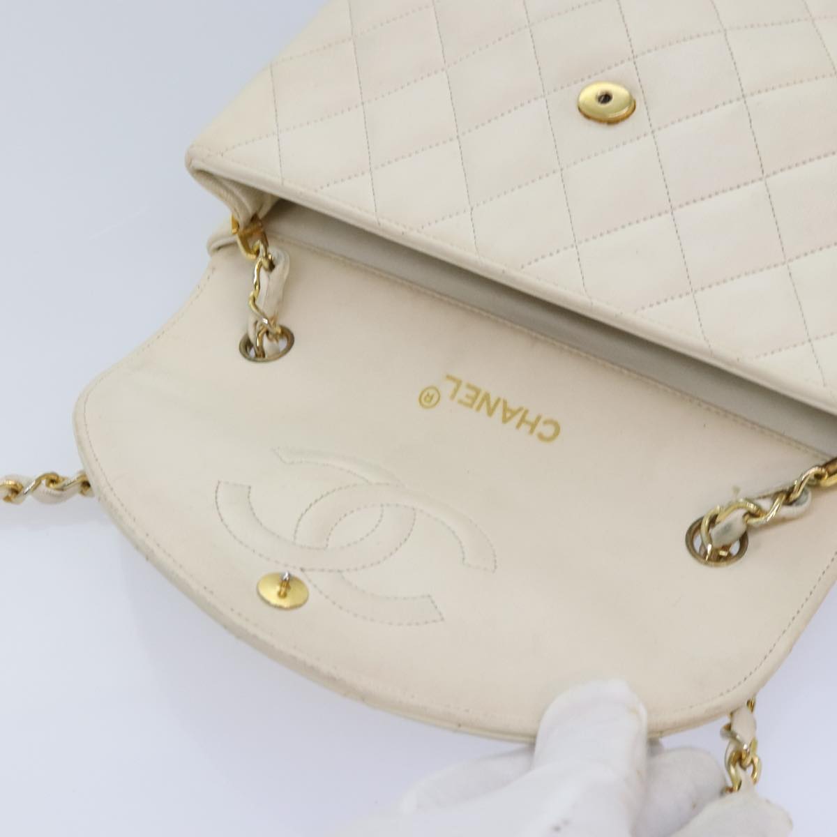 CHANEL Matelasse Big COCO Mark Chain Bag Lamb Skin White Gold CC 93377