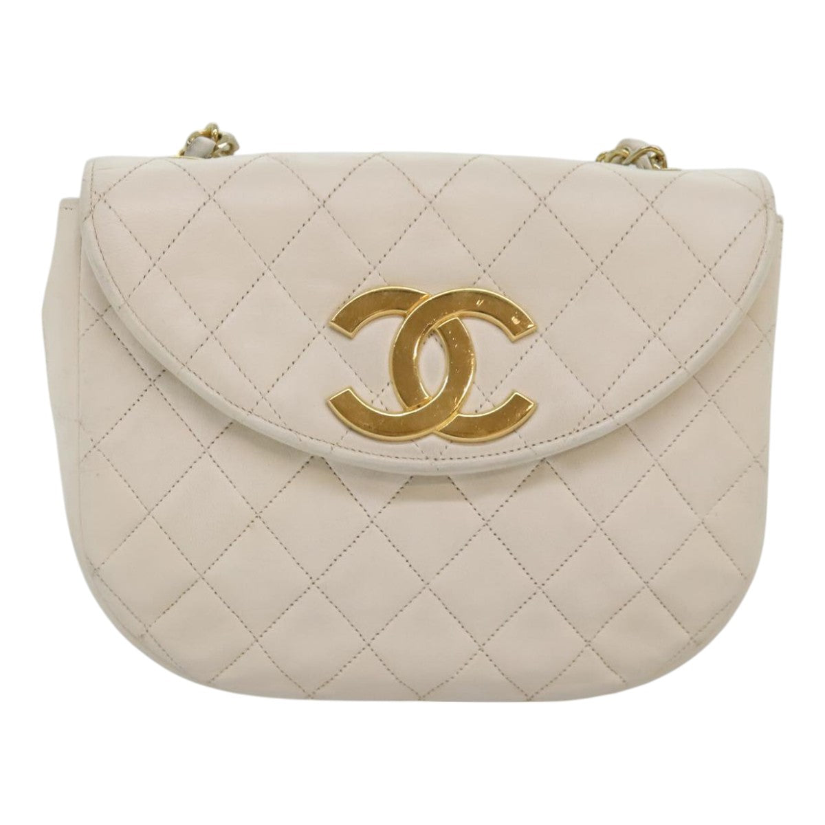 CHANEL Matelasse Big COCO Mark Chain Bag Lamb Skin White Gold CC 93377