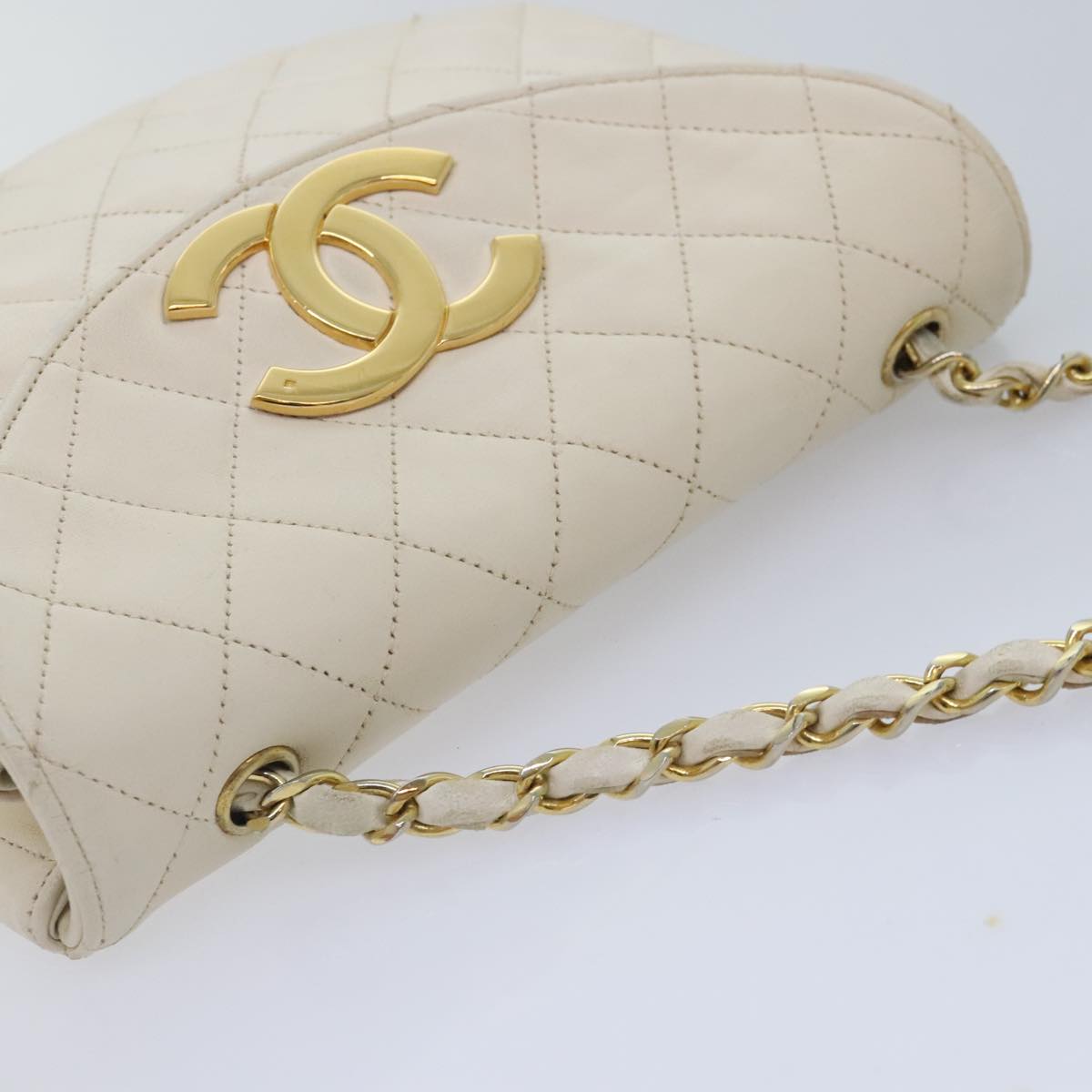 CHANEL Matelasse Big COCO Mark Chain Bag Lamb Skin White Gold CC 93377