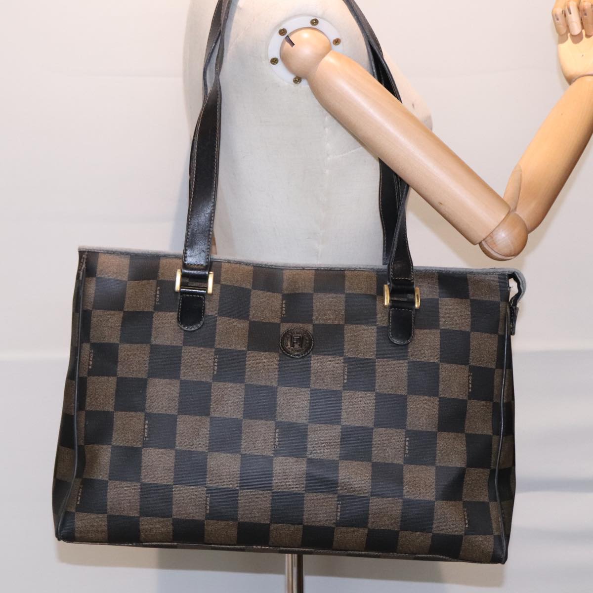 FENDI Pecan Canvas Tote Bag Brown Black gold 93517